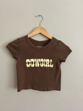 Brandy Melville Brown Tee with Cream COWGIRL Graphic